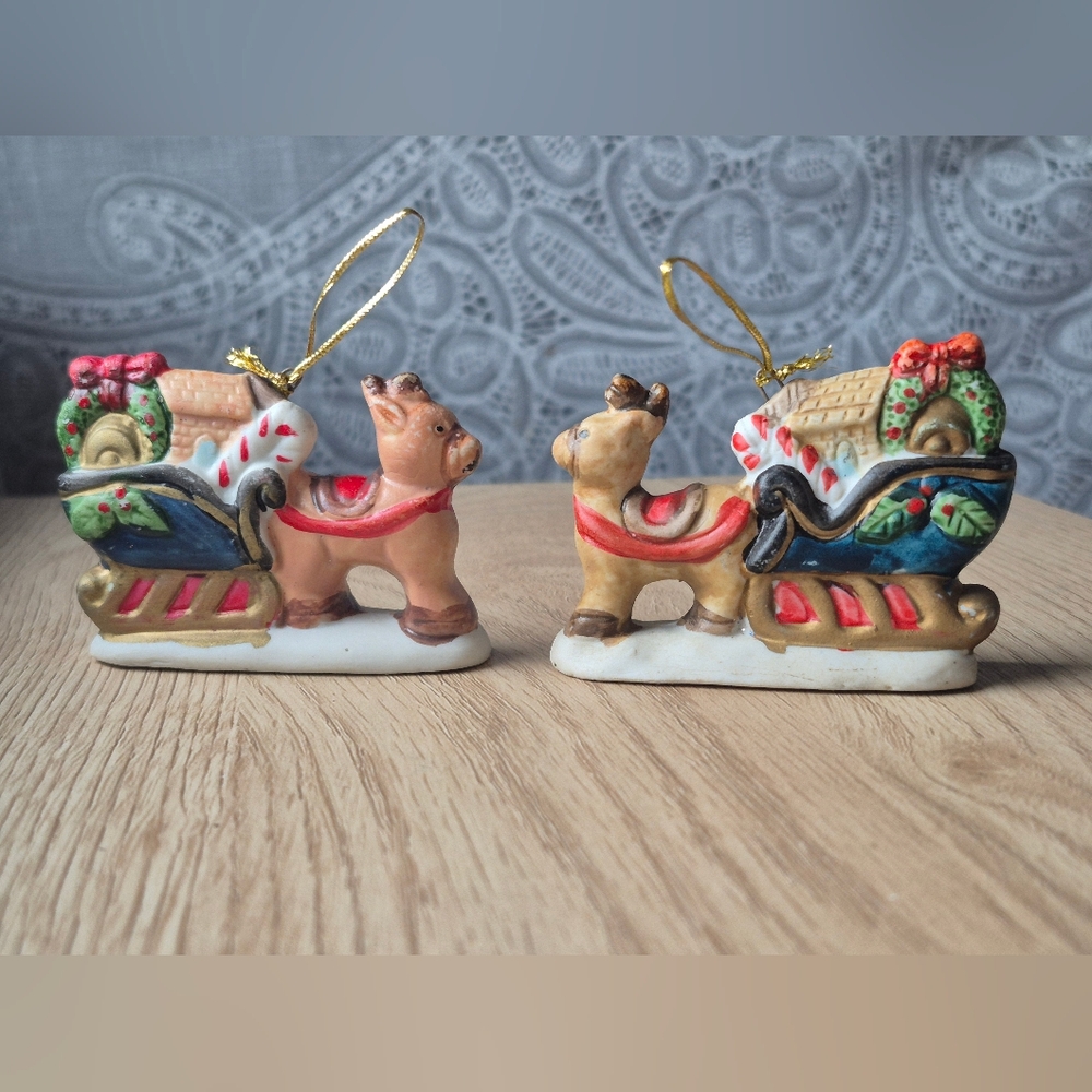 Vintage Ceramic Santa Sleigh Reindeer Christmas Ornaments   Lot 2 Pcs.